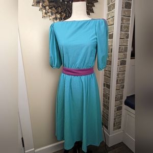 Jerri Gee Vintage Teal A-Line Pin Up Dress with Purple Polka Dots Size Medium